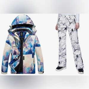 NWT Geometric Blue and White Ski Jacket and Marble Print Pants